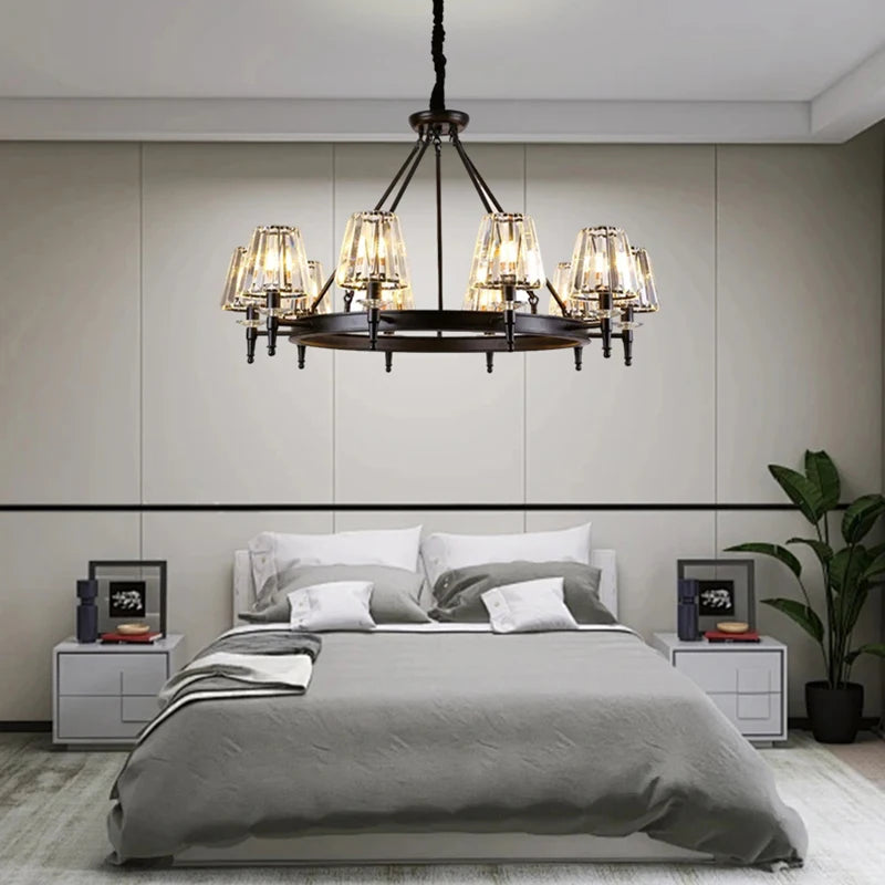 lustre moderne industriel verre taillé noir transparent suspension led abat jour cristal k9