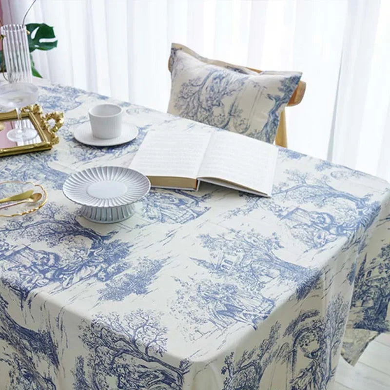 nappe champêtre toile jouy bleu blanc intérieur mariage rustic chic table fleurs assises vintage