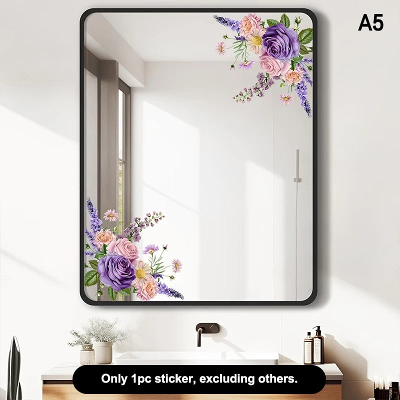 miroir adhésif moderne fleurs feuilles verte doré noir floral amovible chambre salle bain