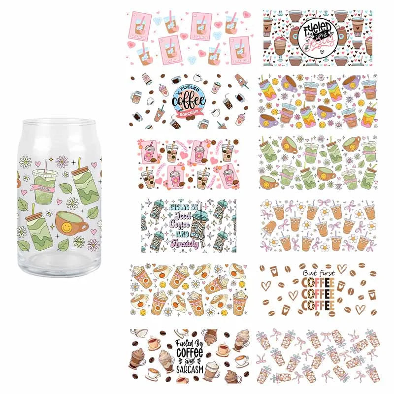autocollants transfert motif coeurs boissons cartoon transparent opaques tasses croissants glaces bouteille verre couvercle
