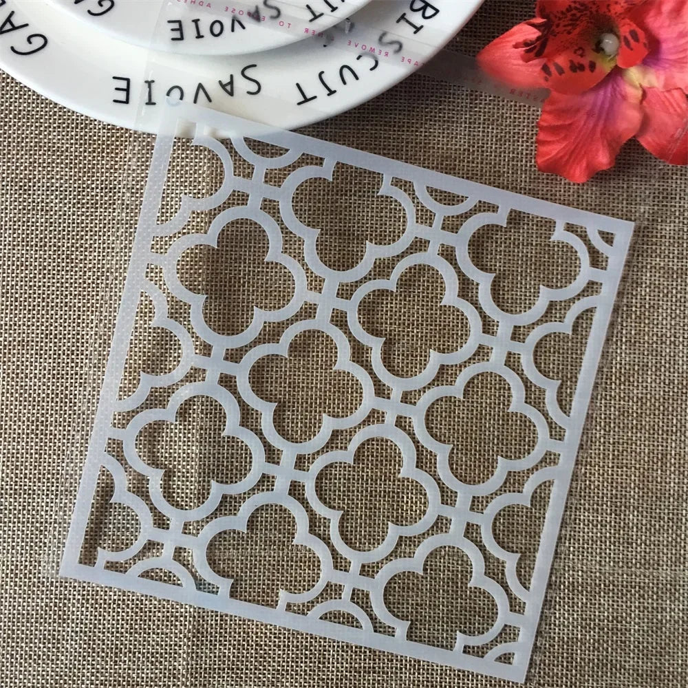 pochoir floral semi transparent décoration murale bricolage scrapbooking papier peint carré métallisé rectangles fleurs