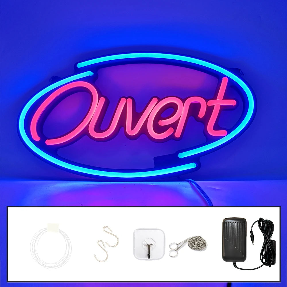 enseigne lumineuse ouverte néon rouge texte ouvert décoration intérieure télécommande adaptable
