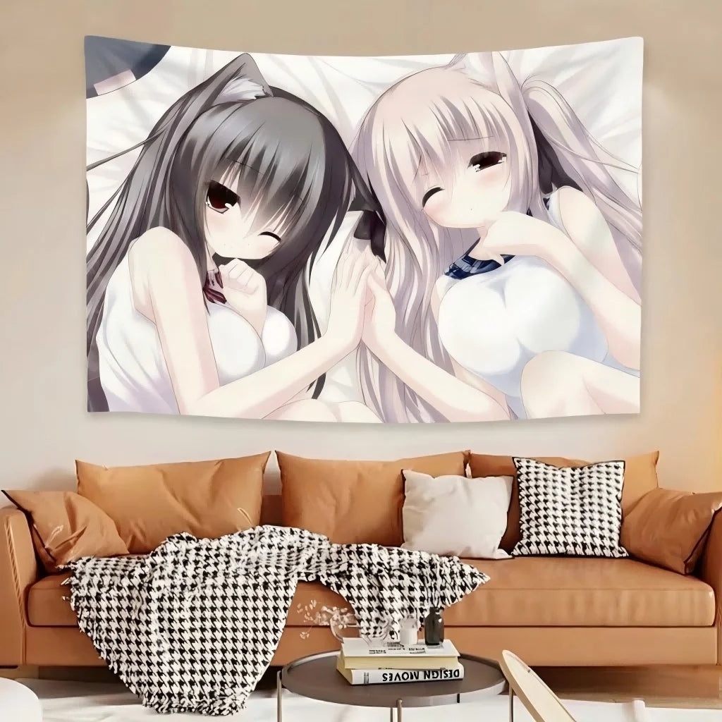 tapisserie anime oreilles chat blanc noir personnages animés chambre décoration murale tissu polyestère lavable