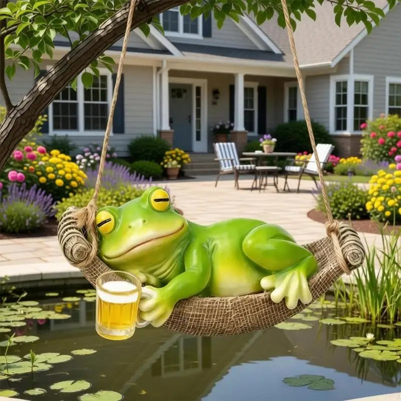 statue grenouille vert hamac corde tissu bois extérieur moderne décoration jardin