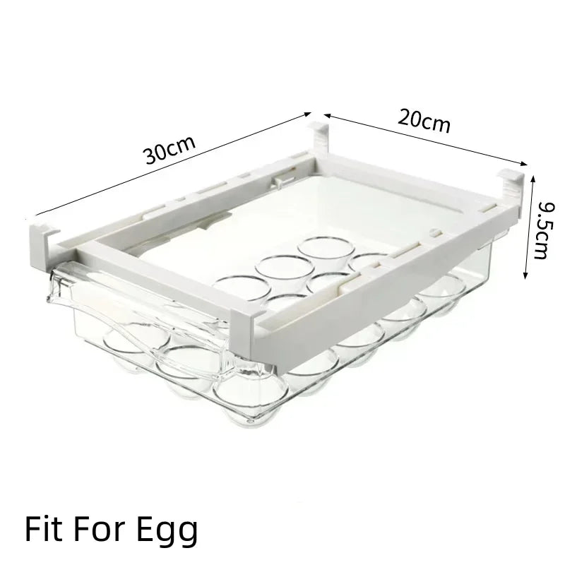 organiseur rangement réfrigérateur transparent clips magnétiques compartiments œufs fruits légumes moderne pratique