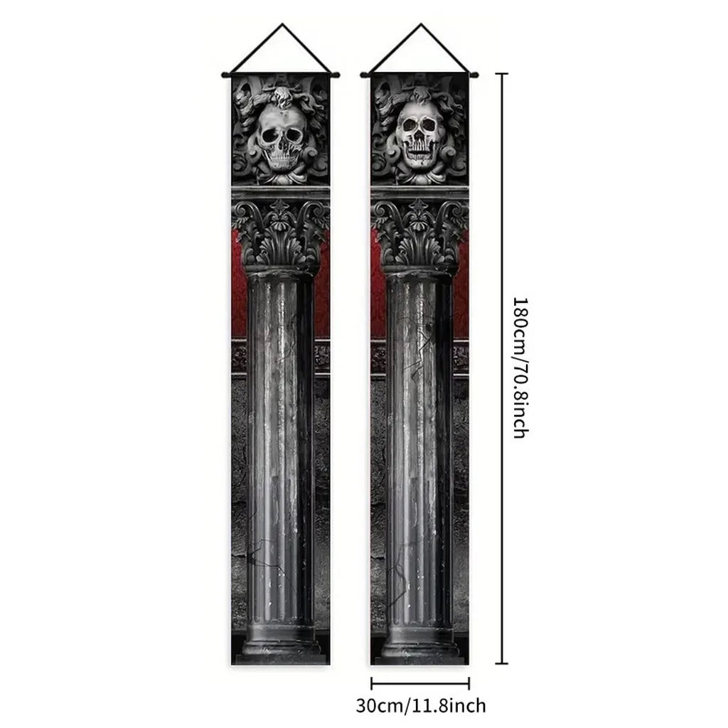 bannière suspendue halloween squelettes personnages costumés colonnes architecturales 180cm 30cm