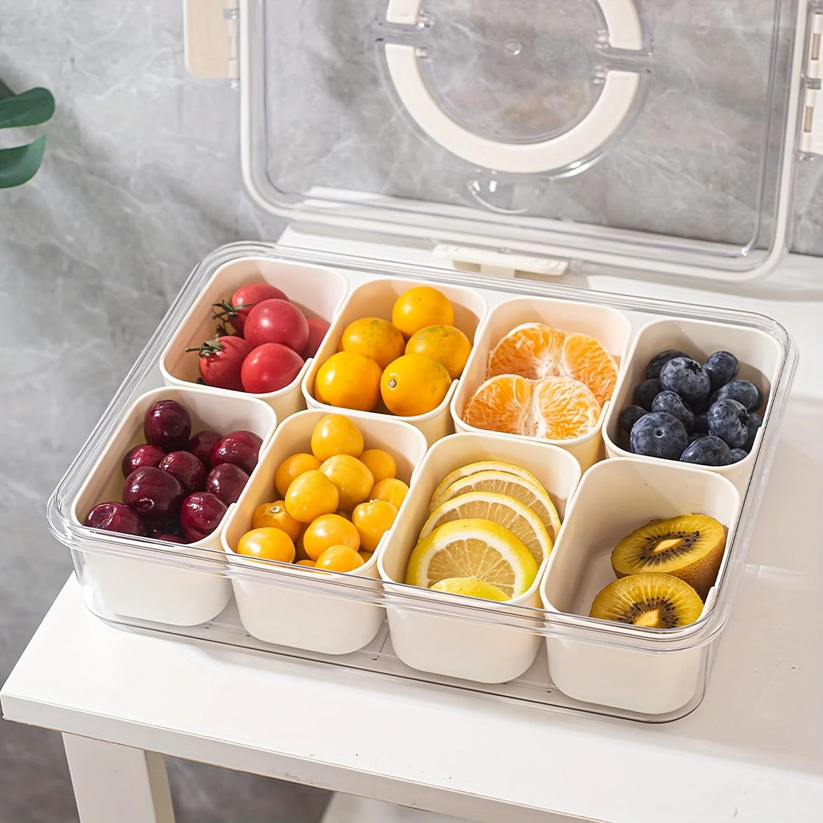boîte compartiments transparente moderne réutilisable boucle fermeture fruits légumes snacks noix portable