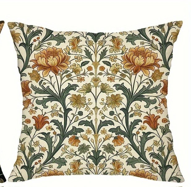 housses coussin vintage floral oiseaux tissu polyester beige vert orange jaune bleu décoratif