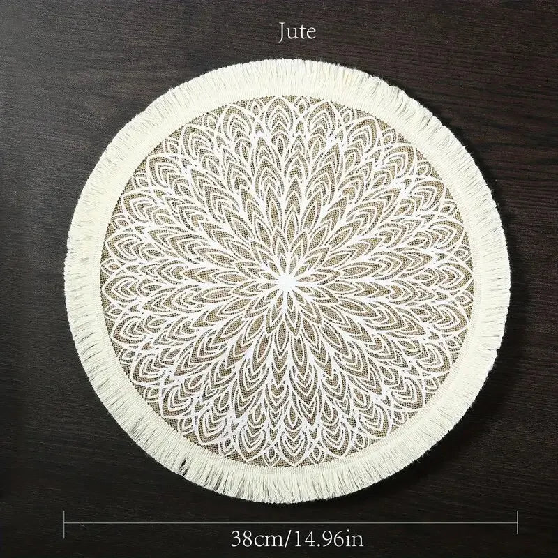 tapis rond boho chic motif floral franges beige clair salon chambre coucher moderne geometrique