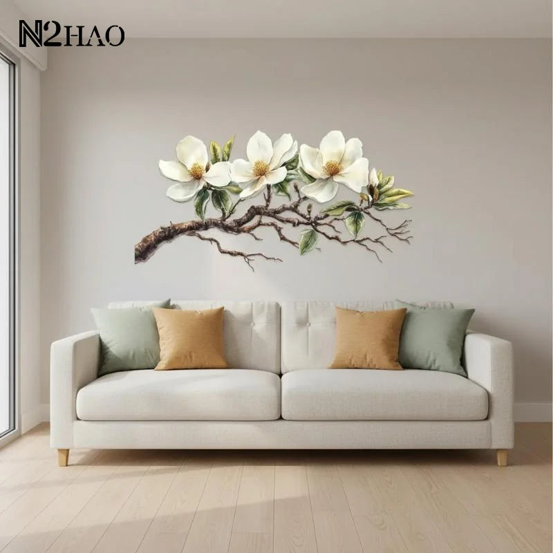 décoration murale adhésive sticker fleurs magnolia blanc marron élégante floral branches feuilles