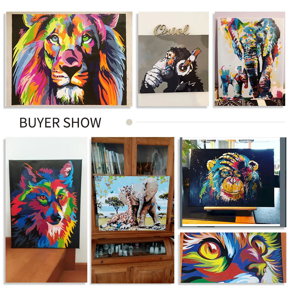 tableau multicolore animaux contemporain toile léopard lion elephant singe