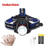 lampe frontale led rechargeable batterie 18650 noir bleu bandes ajustables haute luminosité camping outdoor