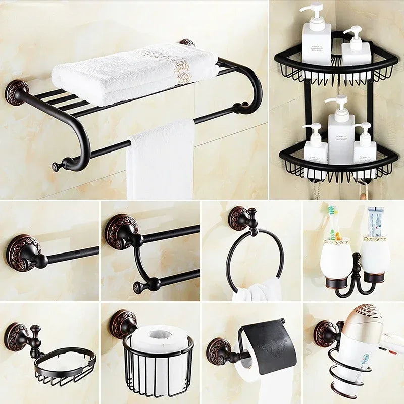 accessoires salle bain bronze noir classique porte serviettes savon papier hygiénique toilettage métal finition