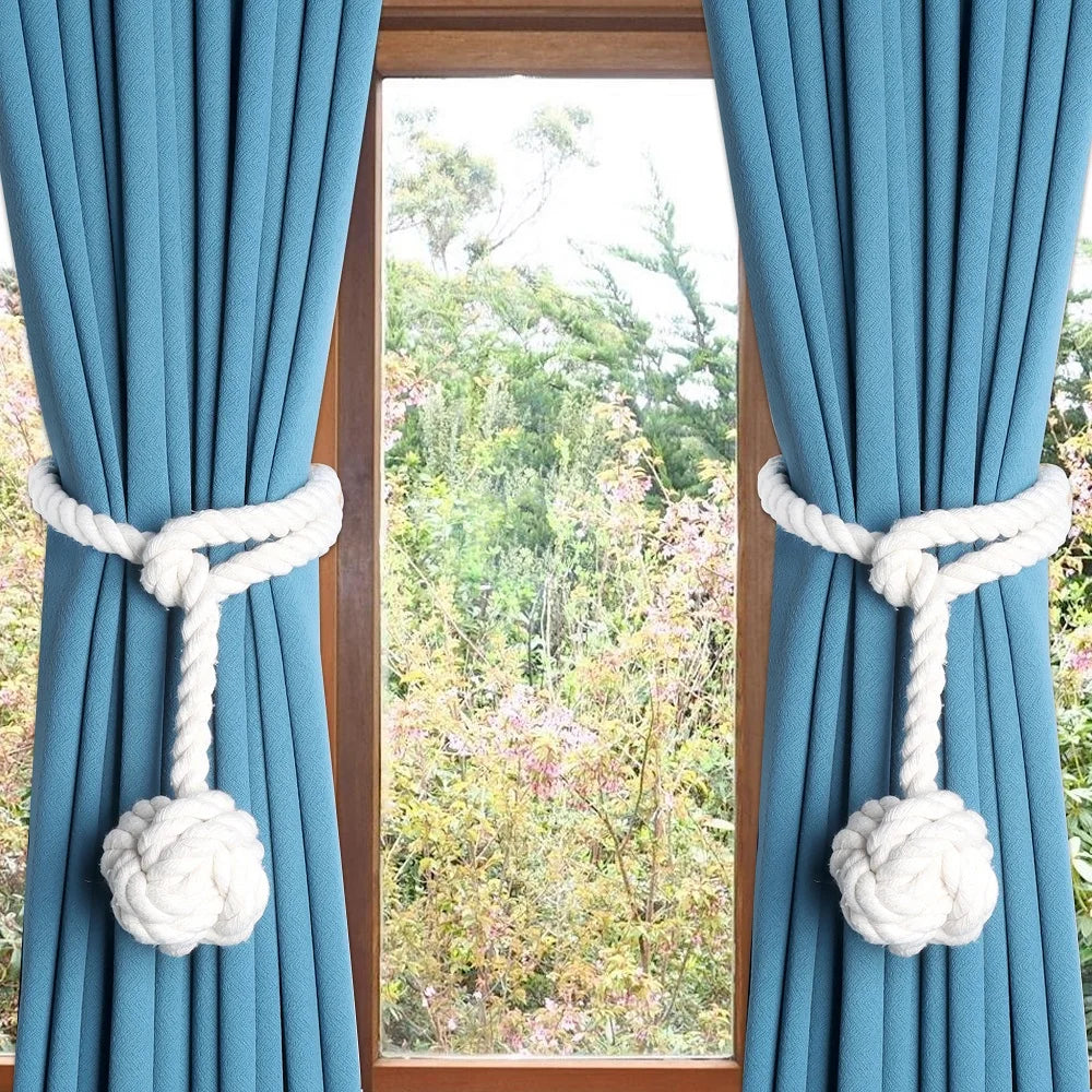 rideaux moderne bleu blanc corde nouée pompon coton chanvre uni opaques 60cm