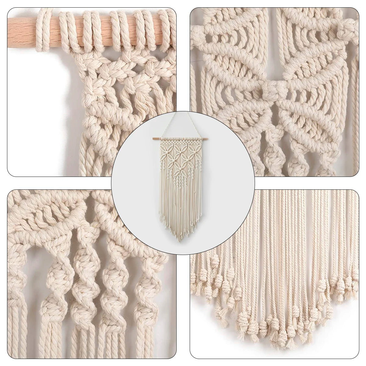 tapisserie murale macramé boho beige clair motif géométrique texture tissée crochet boisSuspensionruban