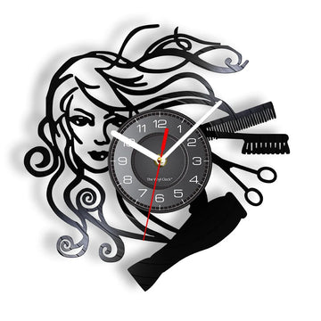 horloge murale noire cheveux stylisés peigne ciseaux serviette moderne salon quartz