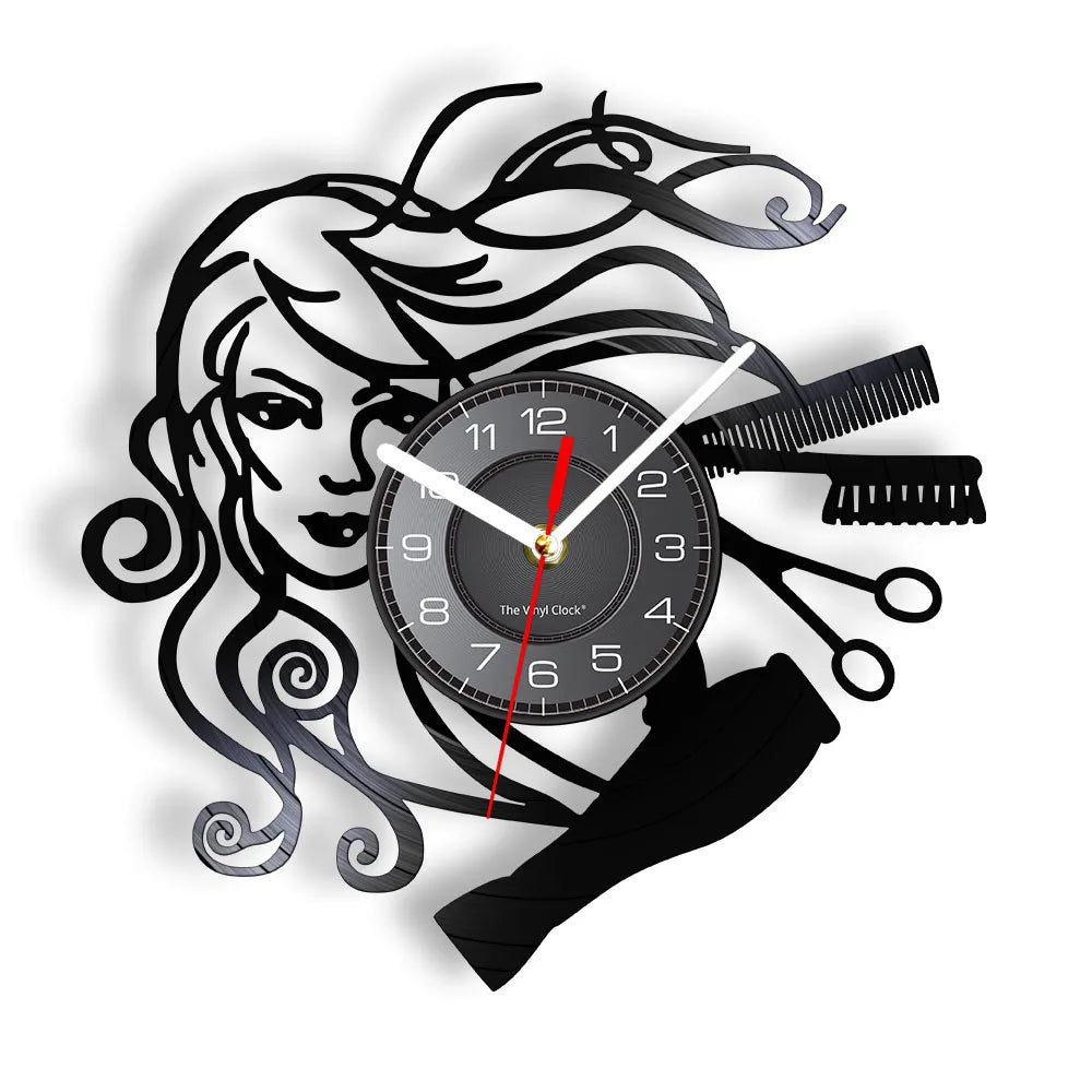horloge murale noire cheveux stylisés peigne ciseaux serviette moderne salon quartz
