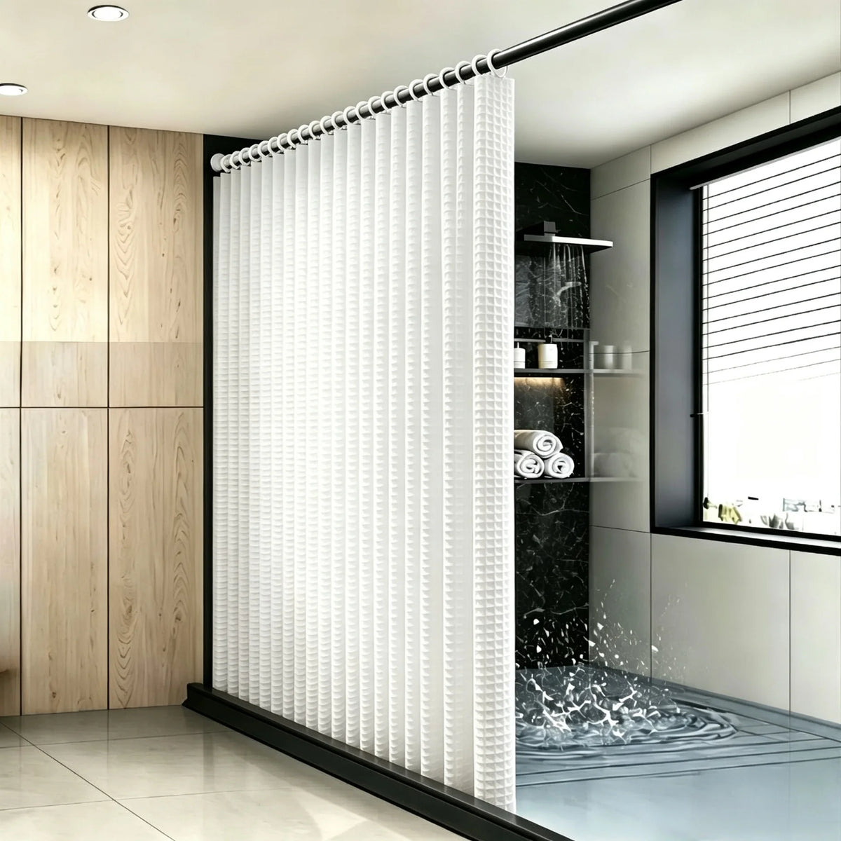 rideau douche blanc moderne polyester gaufre triangles relief opaquant eyelets respectueux environnement