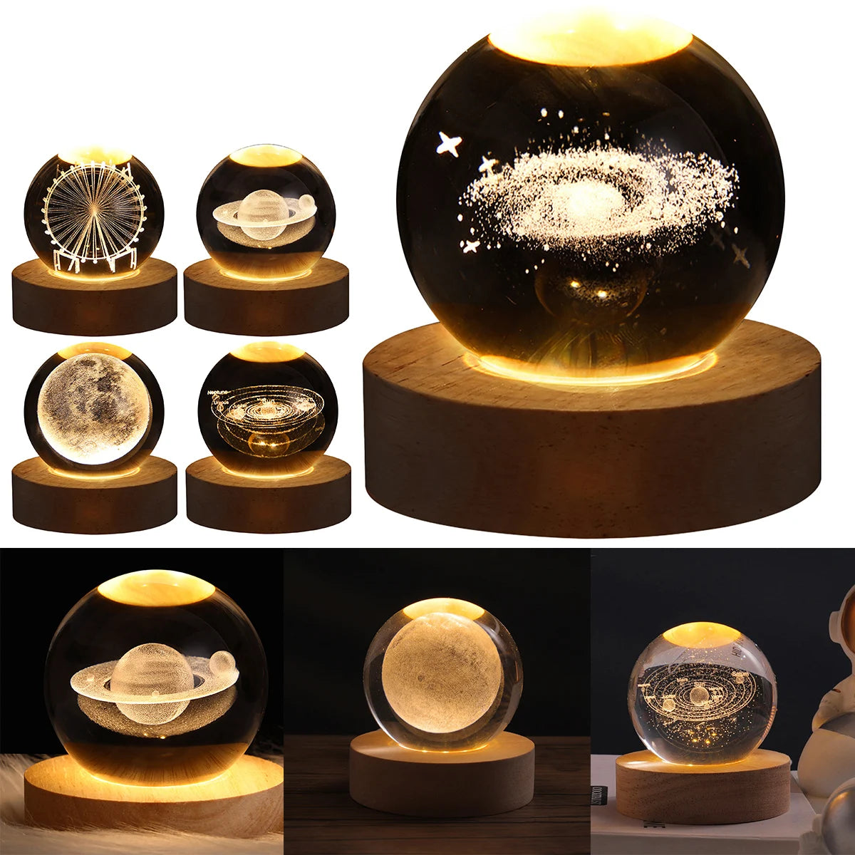 veilleuse sphère lumineuse cristal transparente moderne planètes galaxie étoiles noir blanc doré ambiance chambre