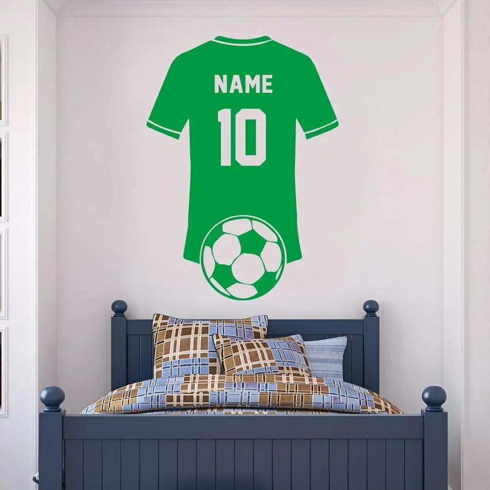 sticker mural sportif maillot football ballon nom numéro noir bleu vert gris adhésif chambre
