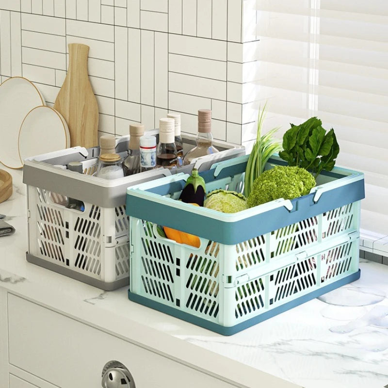 panier pliable gris bleu clair rose maille régulière moderne poignée détachable transport fruits légumes