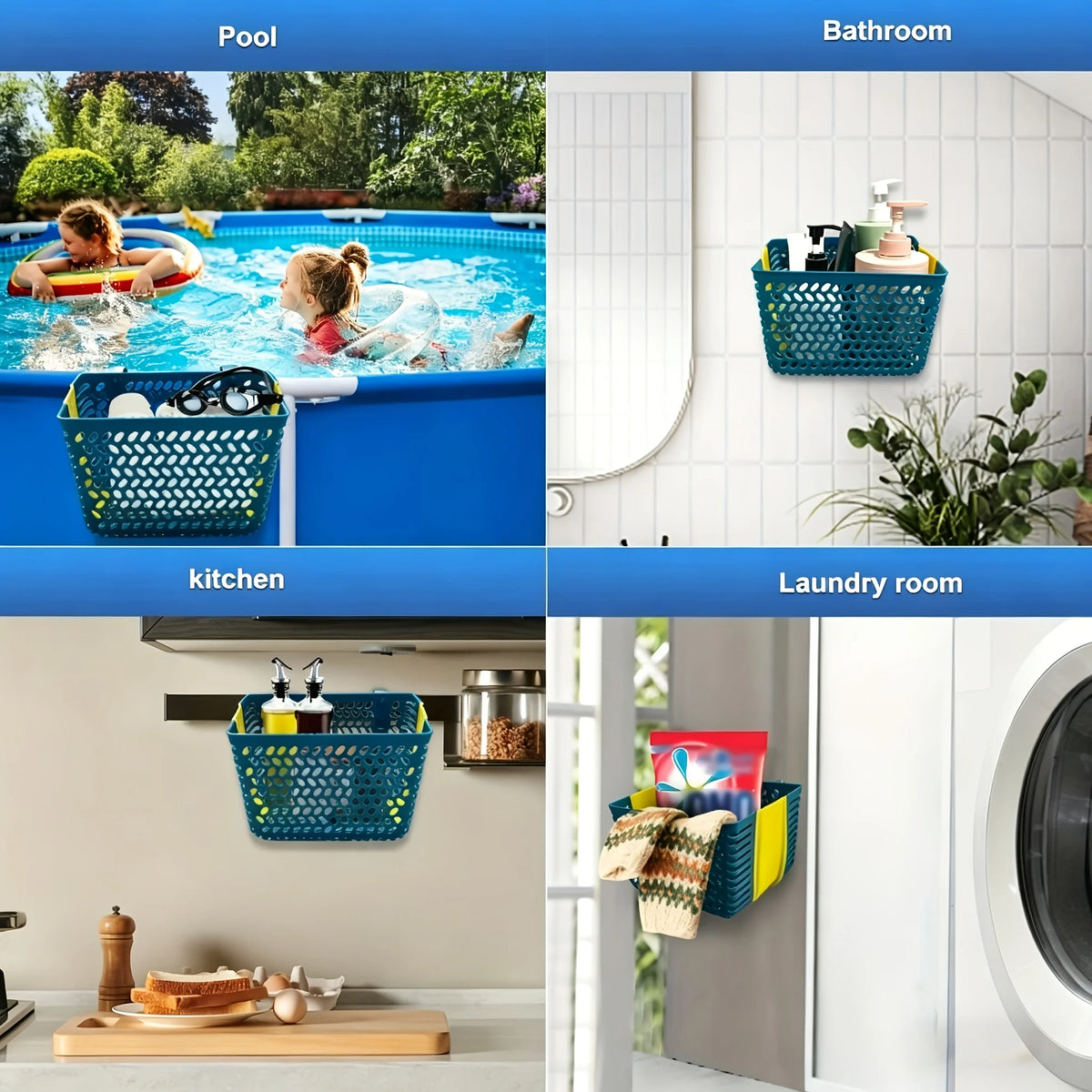 organisateur piscine suspendu bleu perforations feuilles étoiles ventouses crochets transport articles divers moderne