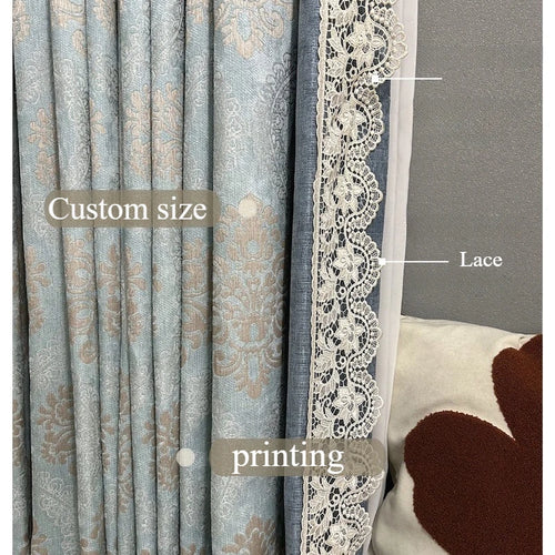 rideau chenille bleu clair beige motif floral classique occultant salon chambre moderne maison luxe