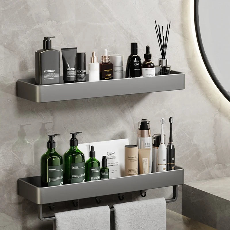 étagère murale moderne gris métallisé clips serviettes bouteilles cosmétiques flacons parfum brosse électrique 30cm