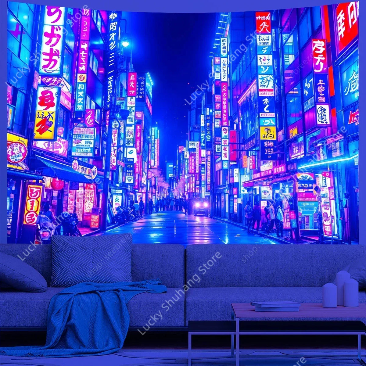 tapisserie urbaine nocturne paysages lumineux moderne bleu violet blanc clips