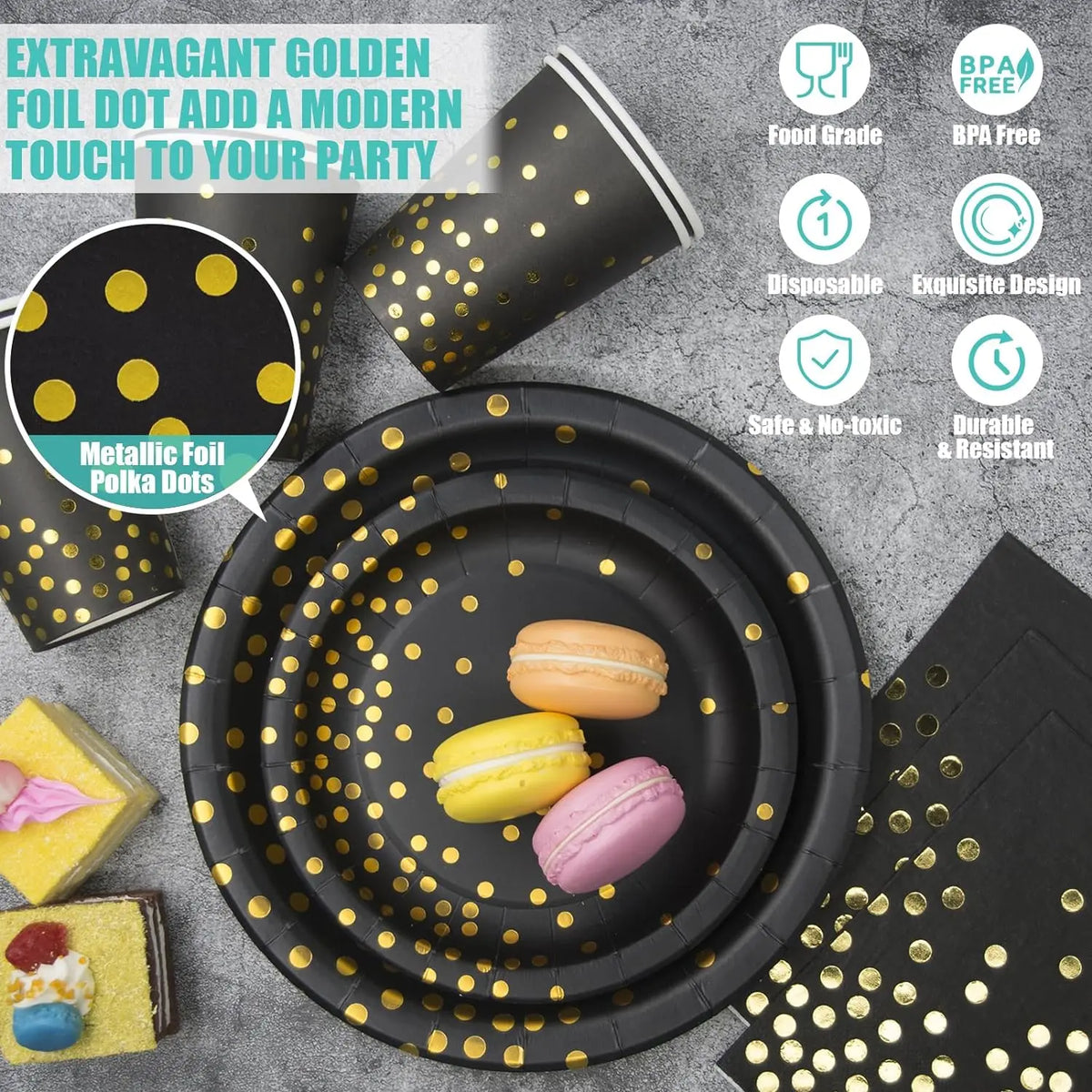assiettes papier pois dorés serviettes noires cuillères fourchettes couteaux mariage anniversaire moderne festif jetables
