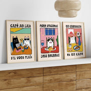 Ensemble de 3 impressions sur toile chat cuisine spaghetti café croissant décoration murale salle à manger