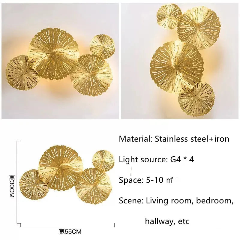 Applique murale dorée feuilles stylisées éclairage contemporain ampoules LED cuisine chambre coucher entrée