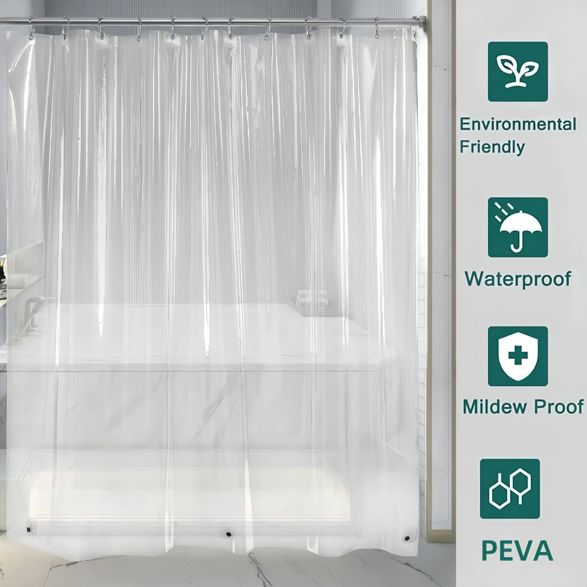 rideau douche transparent moderne plis verticaux aimants lestés 180x200cm écologique imperméable
