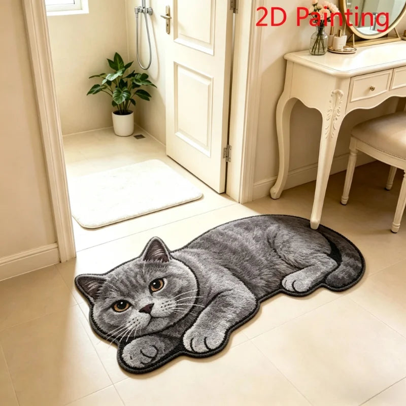 tapis antidérapant polyester chat allongé 2d painting gris orange intérieur extérieur salon chambre
