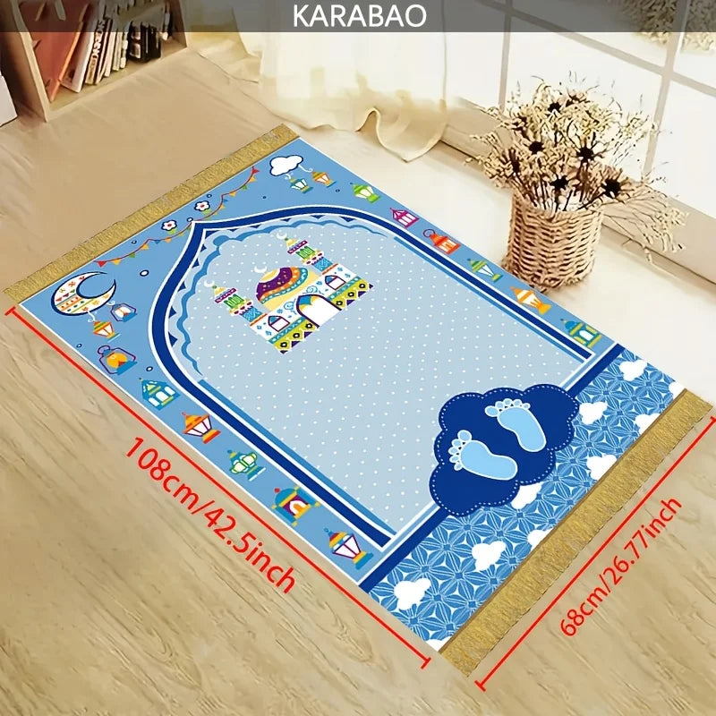 tapis prière islamique moderne bleu clair doré motifs traditionnels usage multiple résistant décoloration