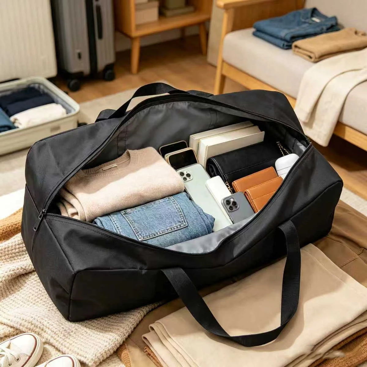 sac rangement oxford noir utilitaire tente vêtements outils fermeture éclair sangles réutilisable voyage camping