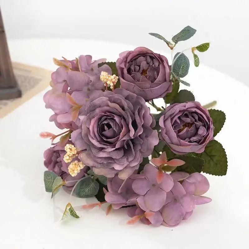 bouquet fleurs artificielles soie roses hortensias pivoines décoration mariage anniversaire intérieur moderne élégant