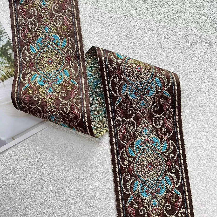 ruban decoratif polyester fleur classique marron bleu doré noir unique largeur 10cm opaque