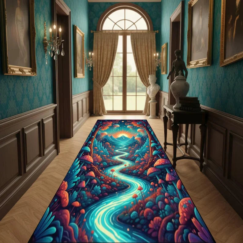 tapis fantastique paysage automnal lumières scintillantes rochers plantes vert bleu orange