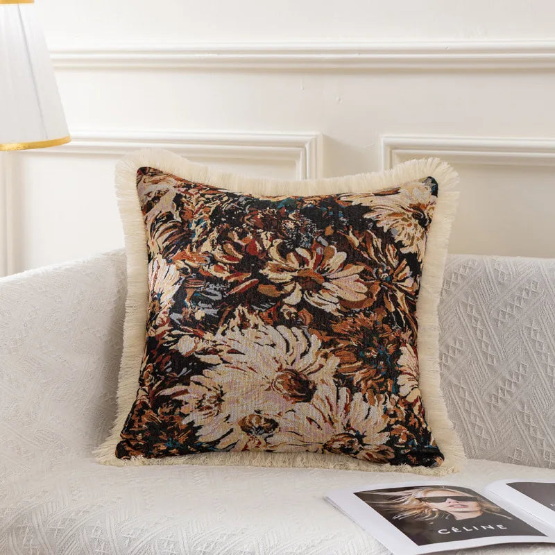 taies d'oreiller jacquard vintage motif floral multicolore coton polyester adhésif lit maison