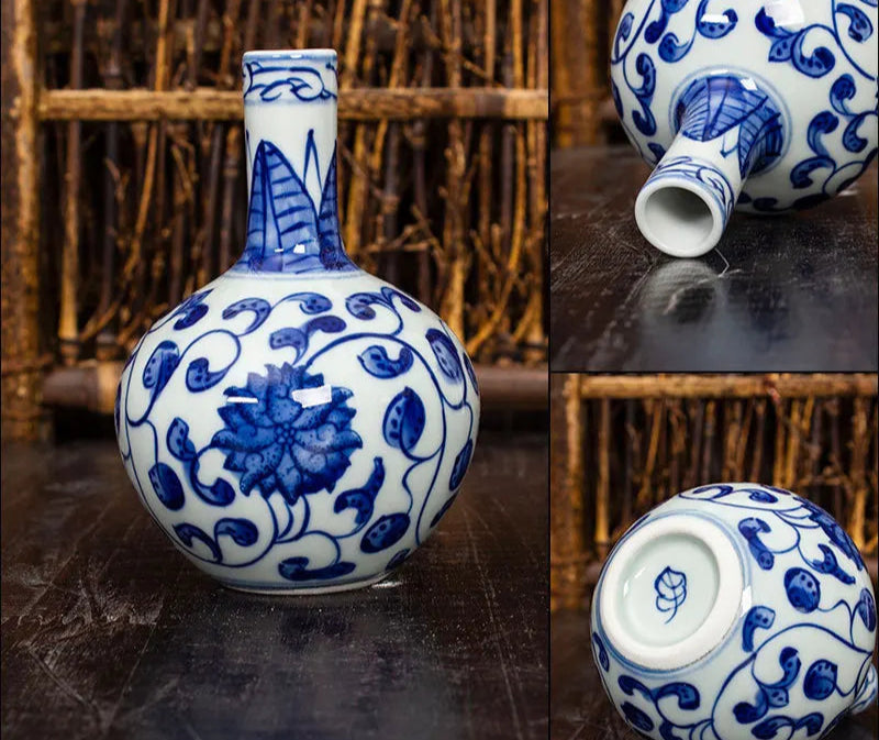 Bouteille porcelaine bleue et blanche peinte main artisanale décorative