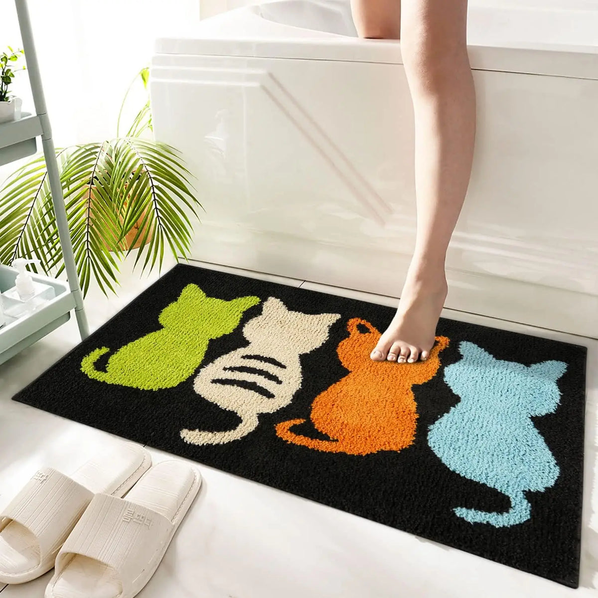 tapis bain multicolore arc ciel antidérapant absorbant moderne chats fleurs cactus polyester