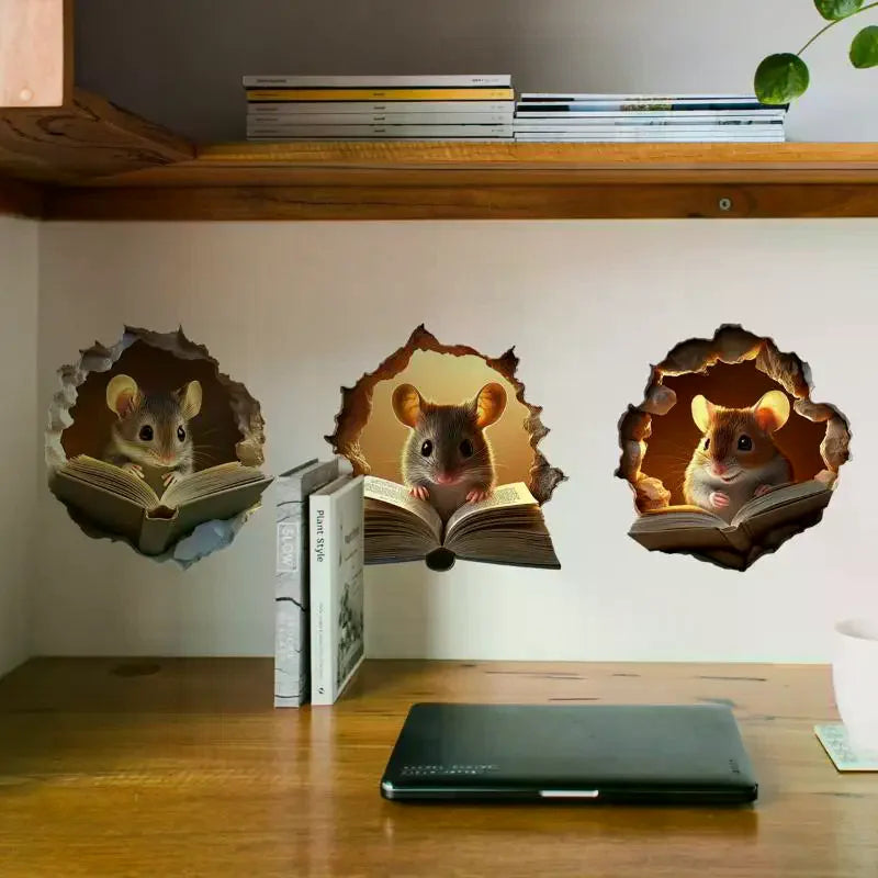 autocollants murals 3d souris livre gris marron beige noir blanc decoration amovible pvc realiste
