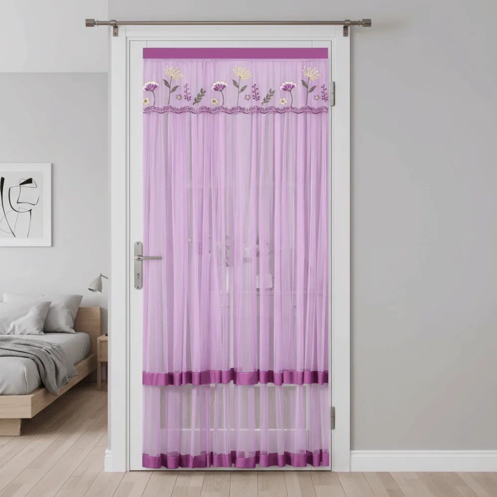 rideau porte décoration floral violet bleu rose blanc plissé brodé frangé translucide autoagrippant