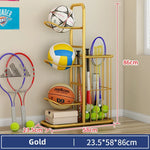 support rangement sport blanc noir doré raquettes balles tennis volleyball moderne minimaliste