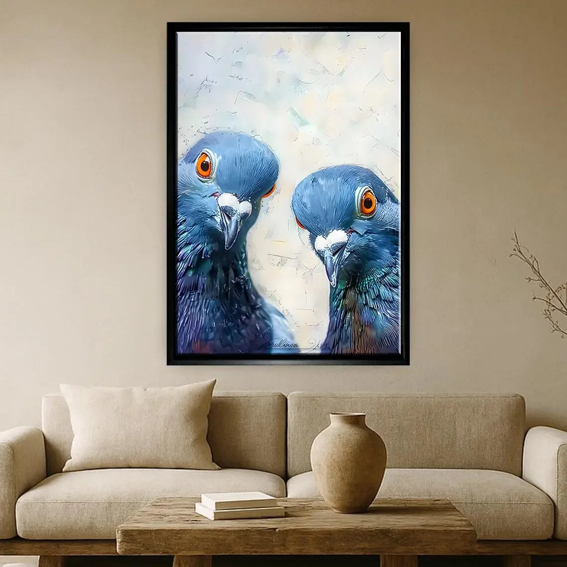 affiche oiseaux rétro peinture toile oiseaux bleu blanc vert contemporain cadre bois