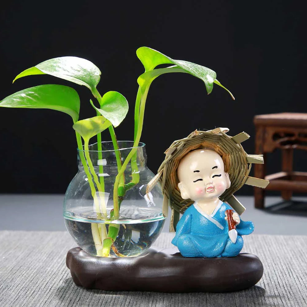 vase verre transparent plante figurine monks artisanal décoration table maison étude balcon living room