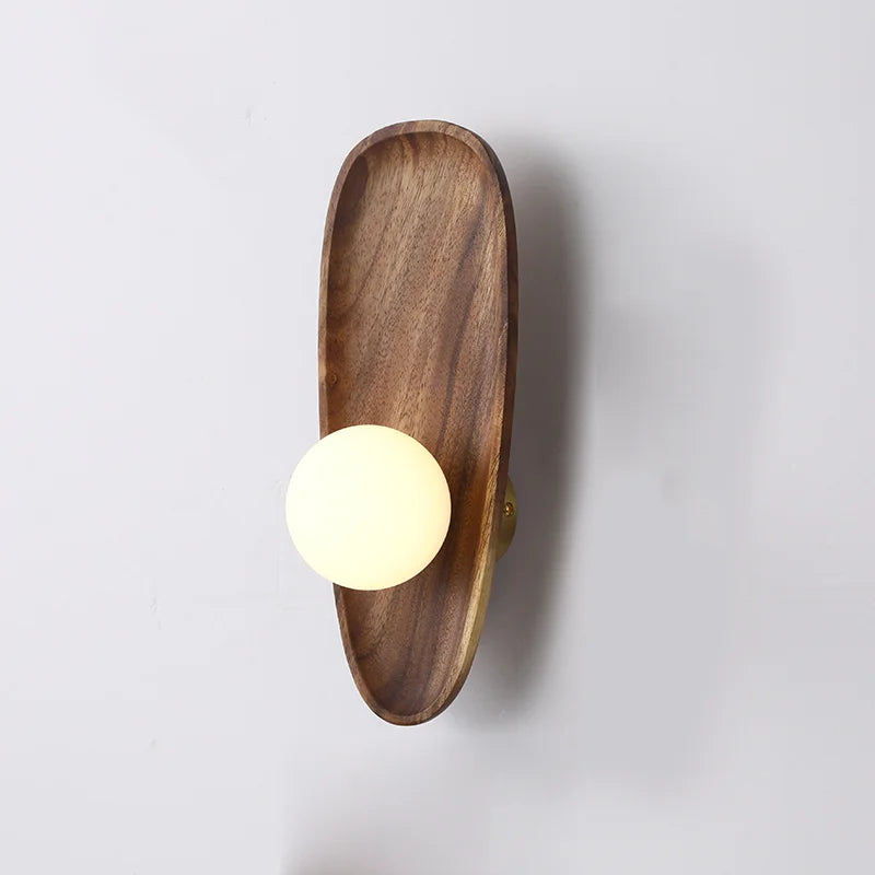 applique murale moderne minimaliste bois globe lumineux blanc anneau doré chambre salon étude