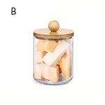 pot coton tige transparent moderne boite rangement couvercle bois respectueux environnement minimaliste organiser