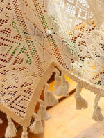 rideau traditionnel polyester crocheté motifs géométriques tassellets blancs beige clair opacité chambre cuisine
